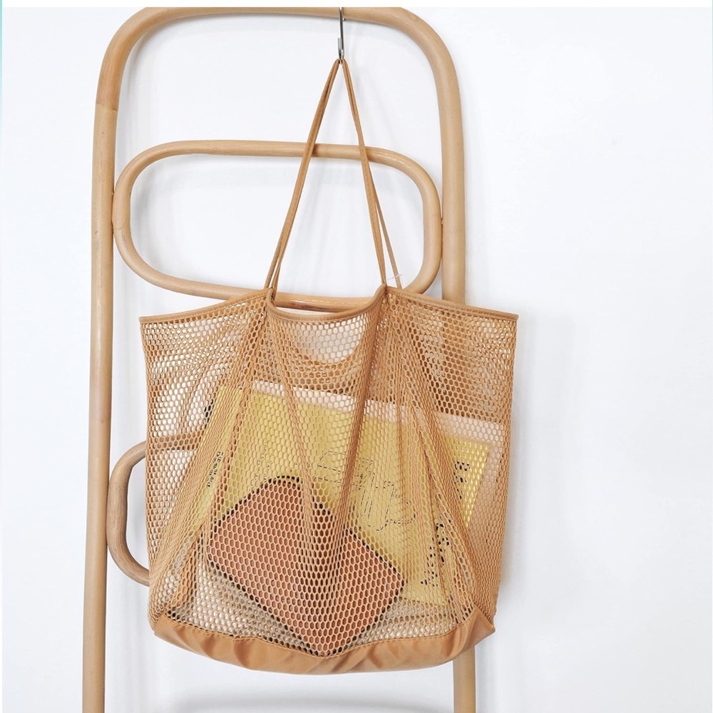 Taupe Mesh Beach Tote Womens Lightweight Shopping Shoulder Handbag - Picture 4 of 8